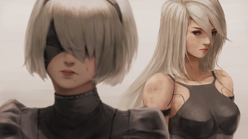 2girls allen_hsieh bangs bare_shoulders black_blindfold black_dress black_hairband blindfold blurry breasts covered_eyes crying dress facing_viewer grey_hair hair_between_eyes hairband highres lips long_bangs long_hair looking_at_viewer medium_breasts mole mole_under_mouth multiple_girls nier_(series) nier_automata parted_lips puffy_sleeves short_hair tears turtleneck yorha_no._2_type_b yorha_type_a_no._2