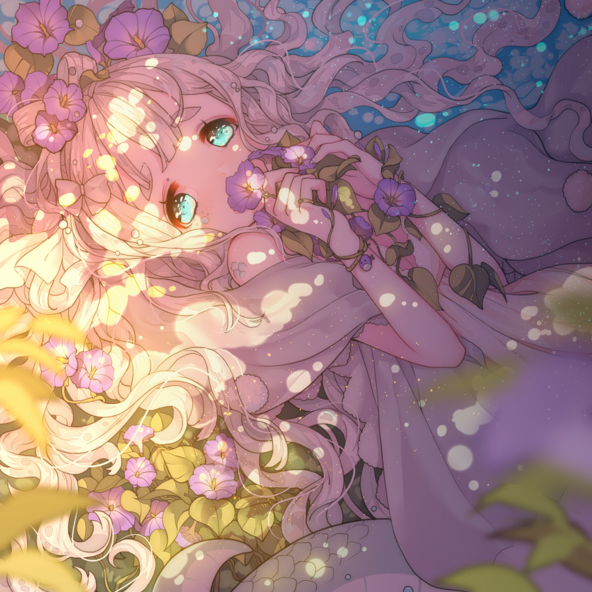 1girl absurdres blonde_hair blue_eyes commentary_request covered_mouth flower hair_spread_out hands_up highres jewelry leaf light_particles long_hair looking_at_viewer lying miemia on_back original outdoors ring robe solo thick_eyebrows upper_body