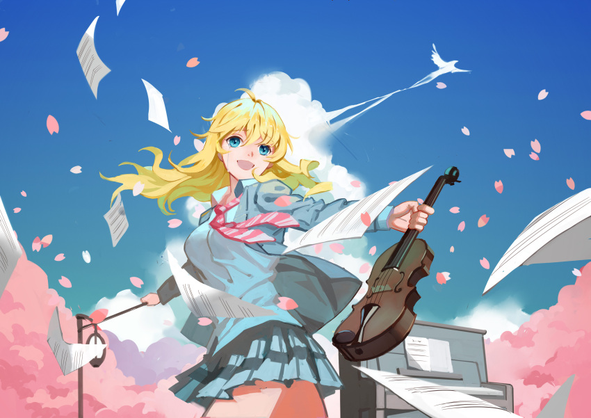 1girl absurdres bird blonde_hair blue_eyes cherry_blossoms commentary_request crying crying_with_eyes_open day highres instrument long_hair long_sleeves miyazono_kawori naoneihuanxiangcanliu open_mouth piano red_neckwear school_uniform sheet_music shigatsu_wa_kimi_no_uso striped_neckwear tears violin