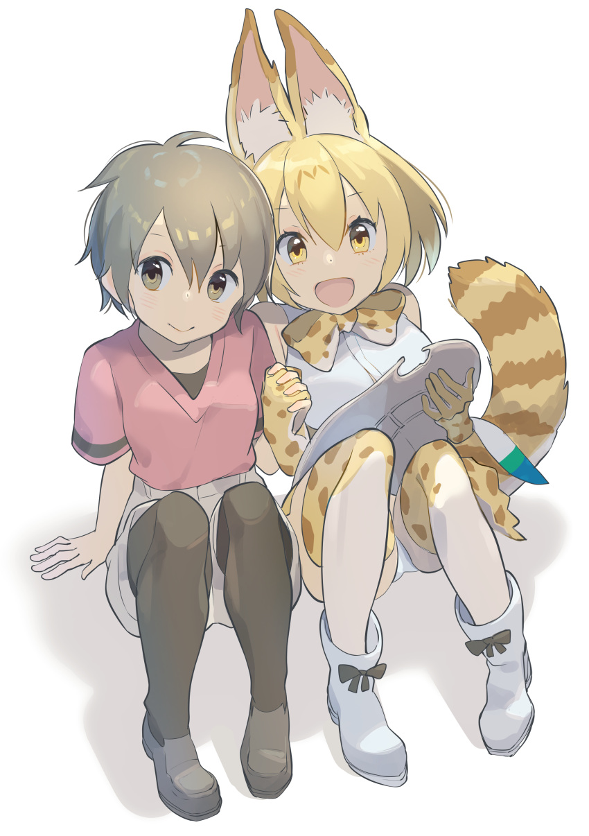2girls :d absurdres animal_ears bare_shoulders black_legwear blonde_hair boots bow bow_footwear bowtie closed_mouth elbow_gloves gloves hair_between_eyes hand_holding hat hat_feather hat_removed headwear_removed highres holding holding_hat interlocked_fingers kaban_(kemono_friends) kemono_friends looking_at_viewer multiple_girls no_gloves omucchan_(omutyuan) open_mouth panties pantyhose pantyhose_under_shorts pantyshot print_gloves print_legwear print_neckwear red_shirt serval_(kemono_friends) serval_ears serval_print serval_tail shirt shoes short_hair short_sleeves shorts simple_background sitting sleeveless sleeveless_shirt smile tail thigh-highs underwear white_background white_hat white_panties white_shirt white_shorts yellow_eyes
