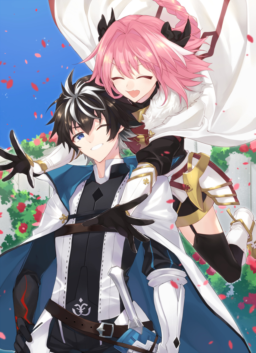 2boys androgynous armor astolfo_(fate) braid cape charlemagne_(fate) citron_82 fate/apocrypha fate/extella fate/extella_link fate/extra fate_(series) glomp highres hug long_hair male_focus multiple_boys pink_hair single_braid thigh-highs trap white_cape