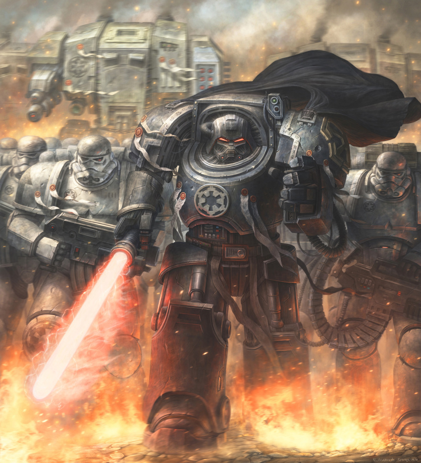 6+boys adeptus_astartes at-st bolter cape crossover darth_vader deviantartconcubot dreadnought empire energy_sword galactic_empire gauntlets gun highres lightsaber multiple_boys power_armor star_wars stormtrooper sword warhammer warhammer_40k weapon