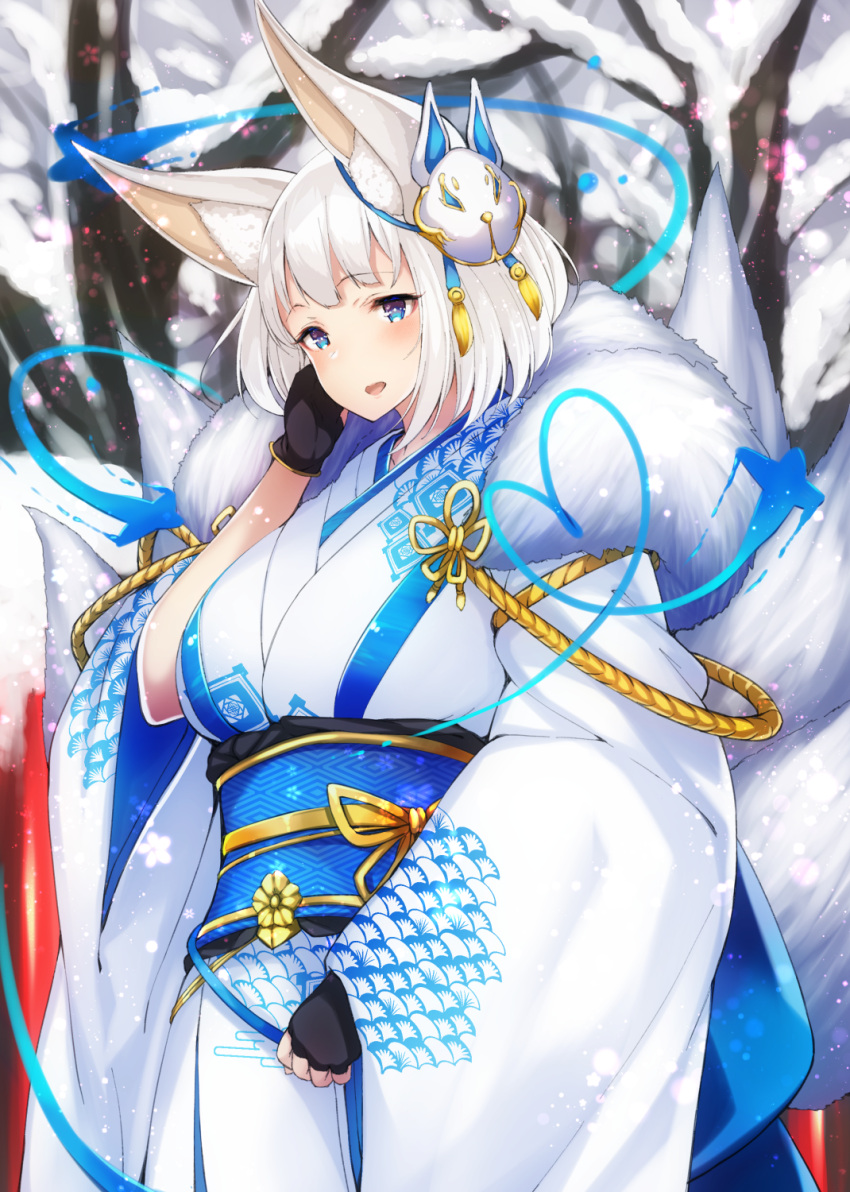 1girl animal_ears azur_lane black_gloves blue_eyes eyebrows_visible_through_hair eyeliner fingerless_gloves fox_ears fox_mask fox_tail gloves hair_ornament heart highres japanese_clothes kaga_(azur_lane) kimono long_sleeves looking_at_viewer makeup mask mask_on_head multiple_tails open_mouth short_hair snow solo tail tobi-mura white_hair wide_sleeves