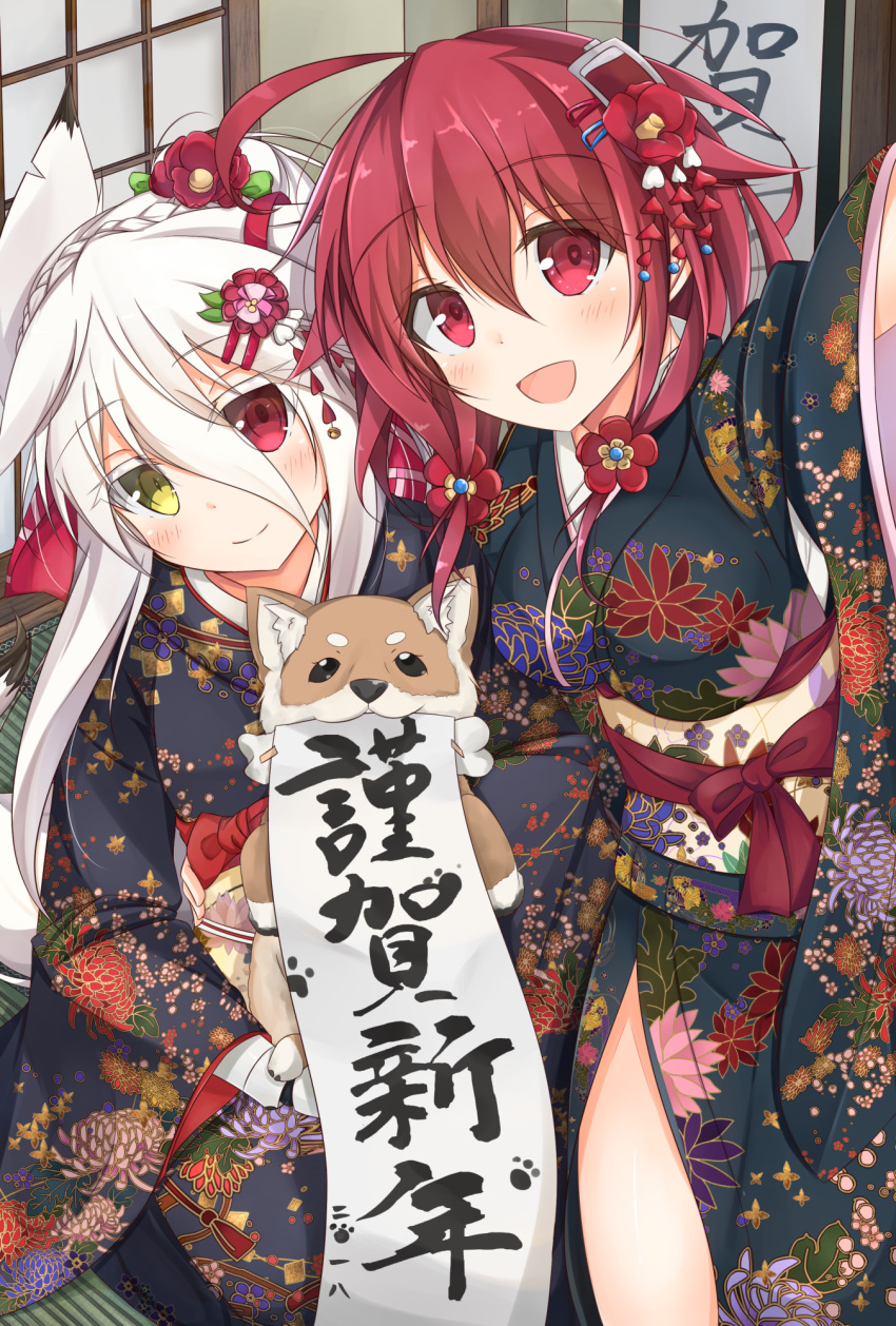 2girls blonde_hair braid braiding_hair closed_mouth commentary dog eyebrows_visible_through_hair flower hair_between_eyes hair_flower hair_ornament hairdressing happy_new_year heterochromia highres japanese_clothes kimono looking_at_viewer moai21 multiple_girls new_year open_eyes open_mouth original red_eyes redhead translated window