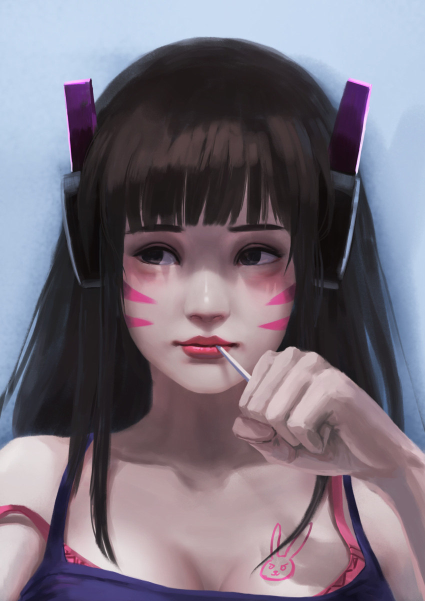 1girl absurdres allen_hsieh arm_up bangs black_hair blue_background blue_shirt blunt_bangs bodypaint bra breasts brown_hair bunny_symbol candy casual cleavage clenched_hand d.va_(overwatch) facepaint food headset highres holding holding_lollipop light_smile lips lollipop long_hair looking_to_the_side medium_breasts overwatch pink_bra realistic shirt solo strap_slip tank_top underwear whisker_markings