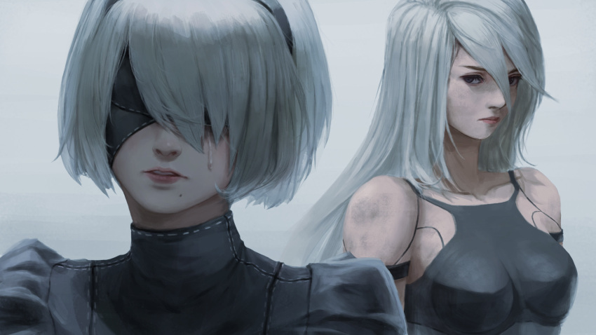 2girls allen_hsieh bangs bare_shoulders black_blindfold black_dress black_hairband blindfold breasts covered_eyes crying dress facing_viewer grey_hair hair_between_eyes hairband highres lips long_bangs long_hair looking_at_viewer medium_breasts mole mole_under_mouth multiple_girls nier_(series) nier_automata parted_lips puffy_sleeves short_hair tears turtleneck yorha_no._2_type_b yorha_type_a_no._2