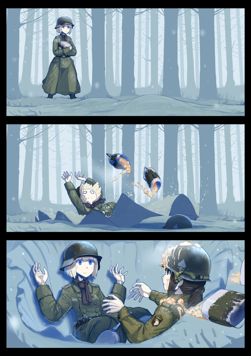 2girls awkward blonde_hair blue_eyes brown_eyes brown_hair comic erica_(naze1940) food forest helmet highres military military_uniform multiple_girls nature original ponytail scarf silent_comic snow soup spill spoon stahlhelm steam tarpaulin uniform world_war_ii