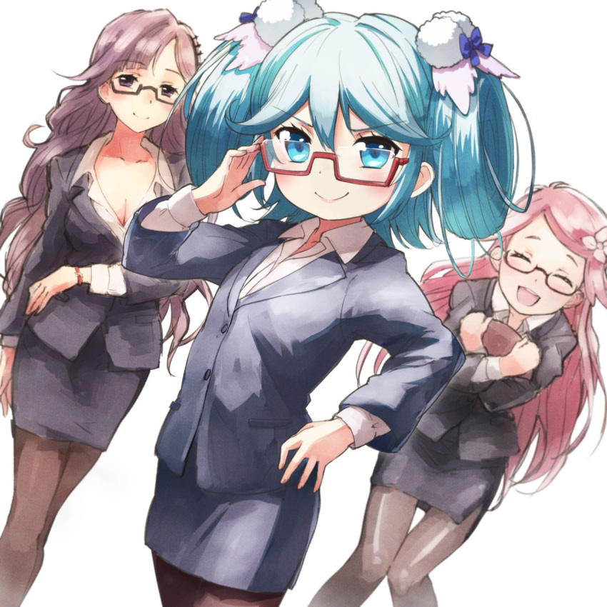 &gt;:) 3girls :d ^_^ adjusting_eyewear age_difference blue_eyes blue_hair breasts business_suit cleavage closed_eyes collarbone commentary_request dress_shirt fantasista_doll formal glasses hair_ornament hair_rings hand_on_hip highres katia_(fantasista_doll) madeleine_(fantasista_doll) multiple_girls nyama open_mouth pencil_skirt pink_hair purple_hair red-framed_eyewear shimeji_(fantasista_doll) shirt skirt skirt_suit smile suit v-shaped_eyebrows violet_eyes