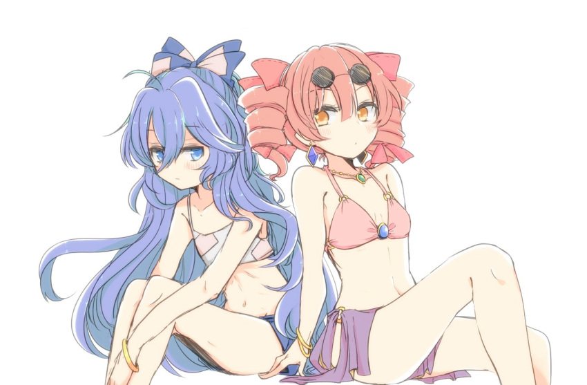 2girls aoi_(annbi) bangle bare_arms bare_shoulders bikini_top blue_bow blue_eyes blue_hair bow bracelet breasts drill_hair earrings eyewear_on_head hair_between_eyes hair_bow jewelry knee_up long_hair looking_at_viewer multiple_girls necklace o-ring o-ring_bikini o-ring_top orange_eyes pink_bikini_top pink_hair red_bow sarong siblings simple_background sisters sitting sketch small_breasts sunglasses touhou twin_drills very_long_hair wavy_hair white_background yorigami_jo'on yorigami_shion
