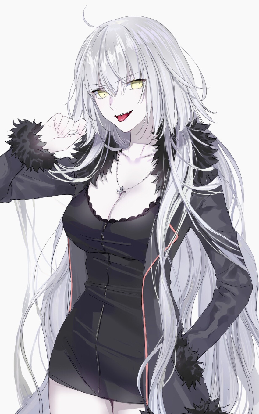 1girl black_dress breasts cleavage dress fate/grand_order fate_(series) fur_coat fur_trim hand_in_pocket highres jeanne_d'arc_(alter)_(fate) jeanne_d'arc_(fate)_(all) jewelry large_breasts long_hair necklace nipi27 pale_skin short_dress silver_hair tongue tongue_out yellow_eyes
