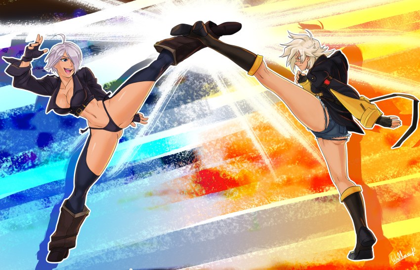 2girls absurdres ahoge angel_(kof) ass battle blazblue boots breasts bullet_(blazblue) chaps cleavage cowboy_boots cropped_jacket crosscounter crossover cutoffs dark_skin denim denim_shorts fighting_stance fingerless_gloves full_body gloves gluteal_fold hair_over_one_eye high_kick highres jacket kicking knee_boots kneepits large_breasts multiple_girls panties short_hair shorts side-tie_panties silver_hair smile split tan the_king_of_fighters thick_thighs thighs trait_connection underwear wallace_pires