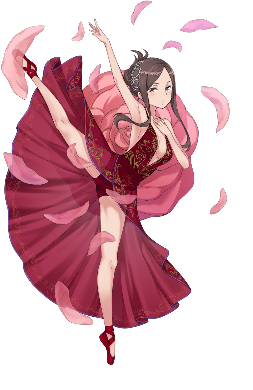 1girl arm_up armpits ballet_slippers breasts brown_hair cleavage dorothy_(princess_principal) dress full_body hair_bun hair_ornament hand_on_own_chest highres leg_up long_hair looking_at_viewer medium_breasts official_art petals princess_principal princess_principal_game_of_mission red_dress red_footwear see-through solo standing standing_on_one_leg tiptoes transparent_background violet_eyes