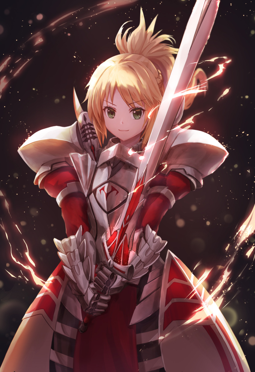 1girl armor bangs black_background blonde_hair blurry braid breastplate clarent closed_mouth depth_of_field electricity eyebrows_visible_through_hair fate/apocrypha fate_(series) faulds fighting_stance floating_hair french_braid gauntlets glowing glowing_weapon green_eyes high_ponytail highres holding holding_sword holding_weapon juliet_sleeves light_particles long_hair long_sleeves looking_at_viewer lunacle mordred_(fate) mordred_(fate)_(all) pauldrons pelvic_curtain ponytail puffy_sleeves sidelocks smile solo standing sword two-handed v-shaped_eyebrows weapon