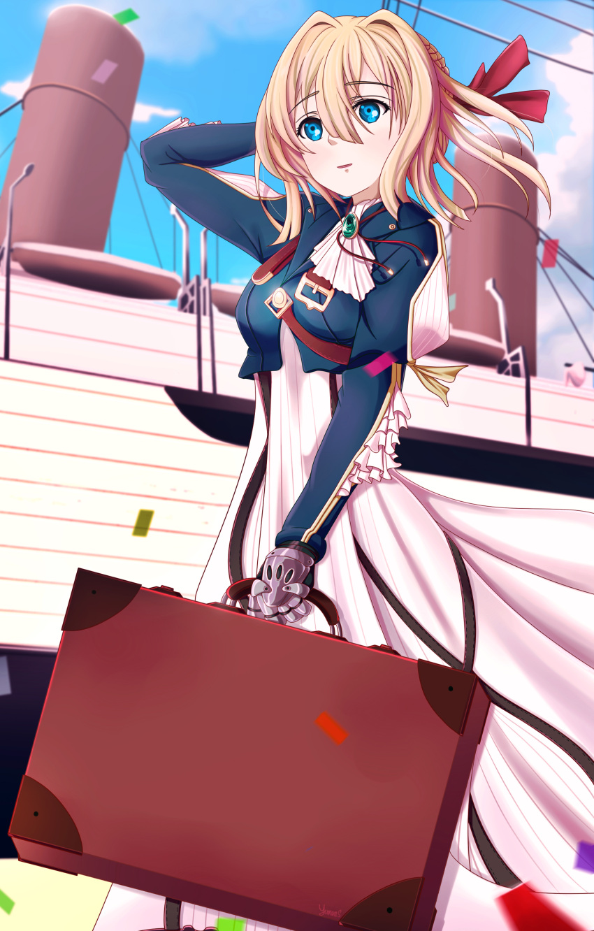 1girl absurdres blonde_hair blue_eyes blue_sky bow braid hair_ornament hair_ribbon highres mechanical_arms red_ribbon redhead ribbon ship short_hair sky solo tied_hair violet_evergarden violet_evergarden_(character) watercraft yumeno_s