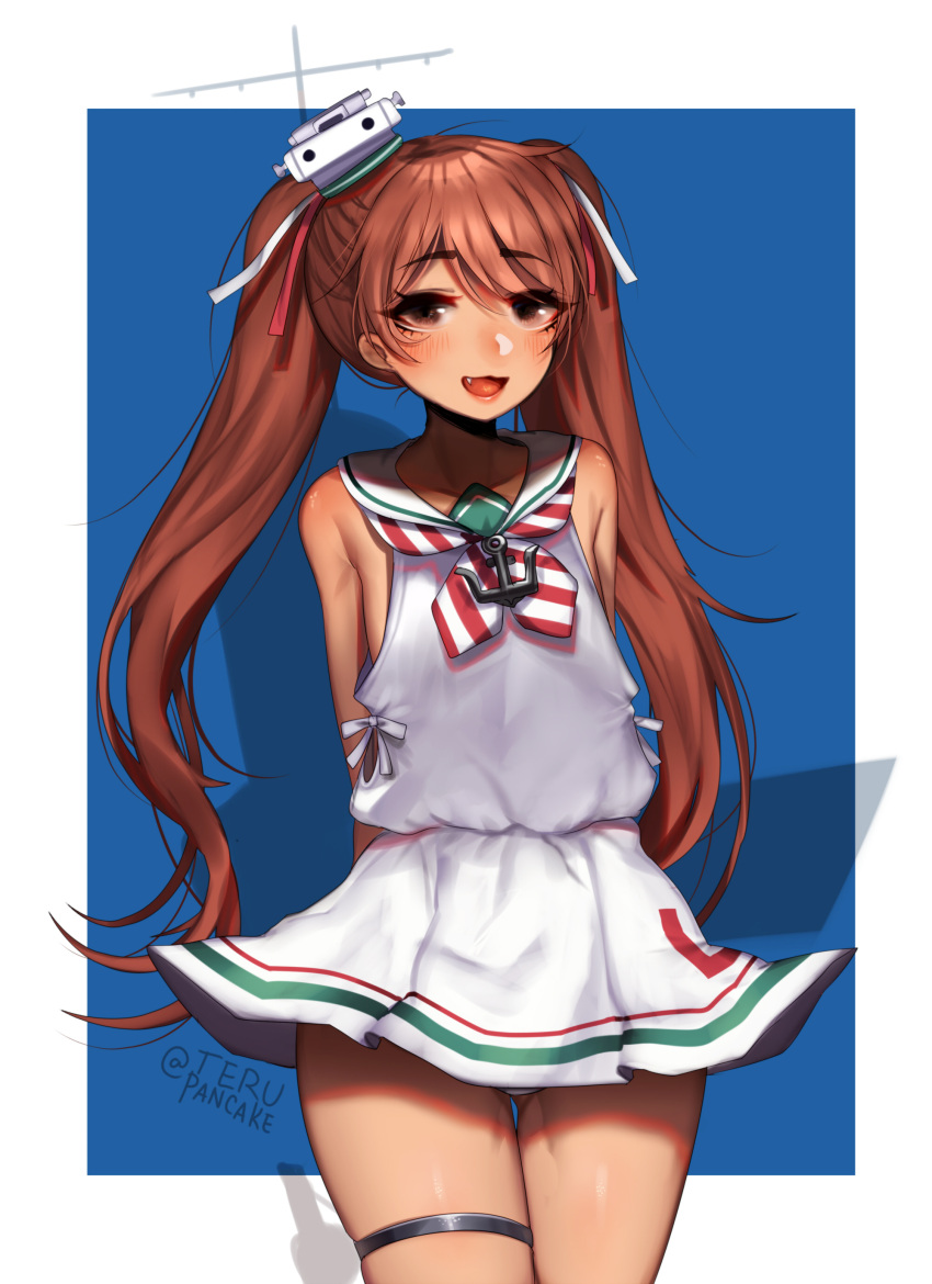 1girl :d absurdres anchor arms_behind_back artist_name bare_shoulders blush brown_eyes brown_hair commentary cowboy_shot dark_skin dress eyebrows_visible_through_hair fang hair_ornament hair_ribbon highres kantai_collection libeccio_(kantai_collection) long_hair looking_at_viewer open_mouth ribbon sailor_dress simple_background smile solo teru_(renkyu) thigh_strap thighs twintails twitter_username very_long_hair white_dress