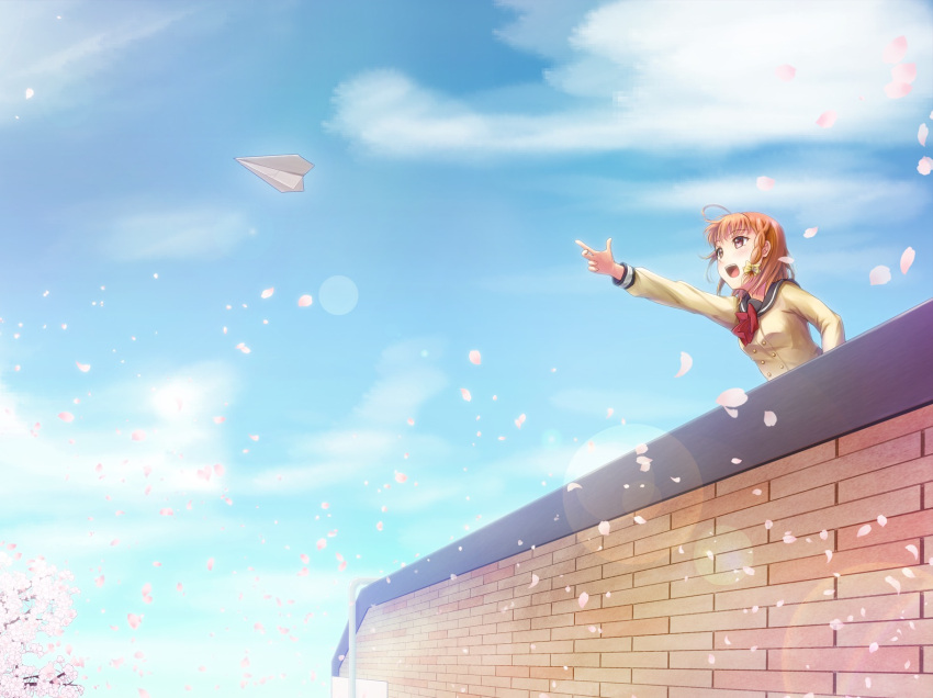 1girl :d ahoge b.ren blue_sky bow bowtie braid brick_wall brown_eyes clouds day highres lens_flare long_sleeves love_live! love_live!_sunshine!! on_roof open_mouth orange_hair outdoors paper_airplane petals school_uniform side_braid sky smile solo takami_chika throwing uranohoshi_school_uniform yellow_bow