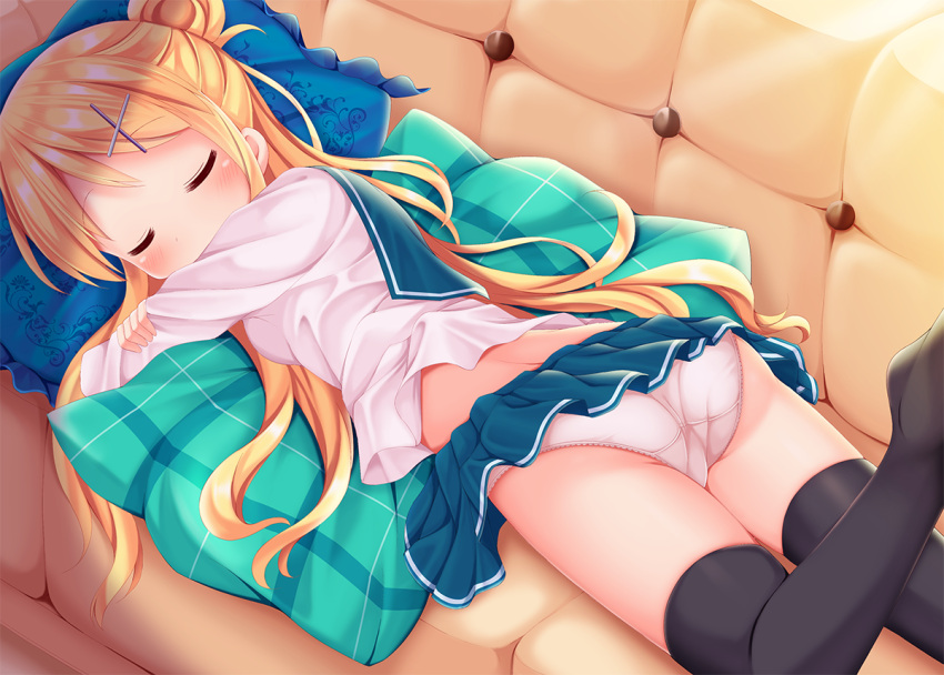 1girl aqua_skirt ass bangs black_legwear blonde_hair breasts closed_eyes couch eyebrows_visible_through_hair frilled_pillow frills from_above hair_bun hair_ornament kin-iro_mosaic kujou_karen leg_up long_hair lying medium_breasts minato_(ojitan_gozaru) on_couch on_stomach panties pillow pleated_skirt school_uniform serafuku shirt skirt sleeping sunlight swept_bangs thigh-highs underwear very_long_hair white_panties white_shirt x_hair_ornament