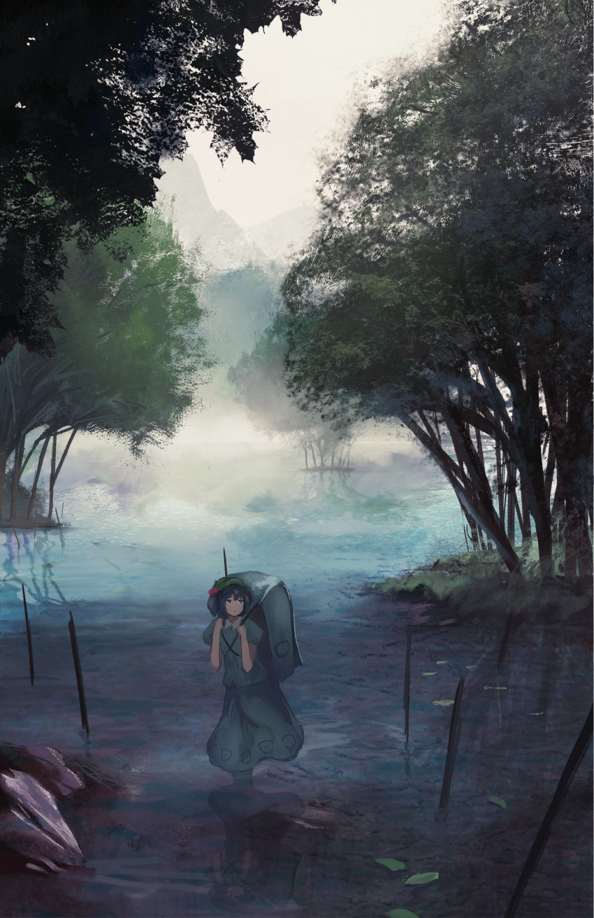 1girl backpack bag blue_hair blurry depth_of_field fjsmu fog forest frown hair_bobbles hair_ornament hat highres kawashiro_nitori leaf looking_back mountain nature reflection scenery short_hair skirt sky solo touhou tree two_side_up wading water