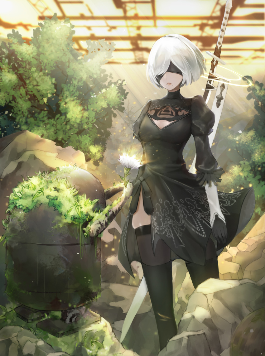 1girl back_cutout black_dress black_hairband blindfold boots cleavage_cutout covered_eyes dress envysoi facing_viewer feather-trimmed_sleeves garden hairband high_heel_boots high_heels highleg highleg_leotard highres juliet_sleeves leotard long_sleeves mole mole_under_mouth nier_(series) nier_automata pink_lips puffy_sleeves ribbed_dress robot silver_hair solo thigh-highs thigh_boots thighhighs_under_boots vambraces yorha_no._2_type_b