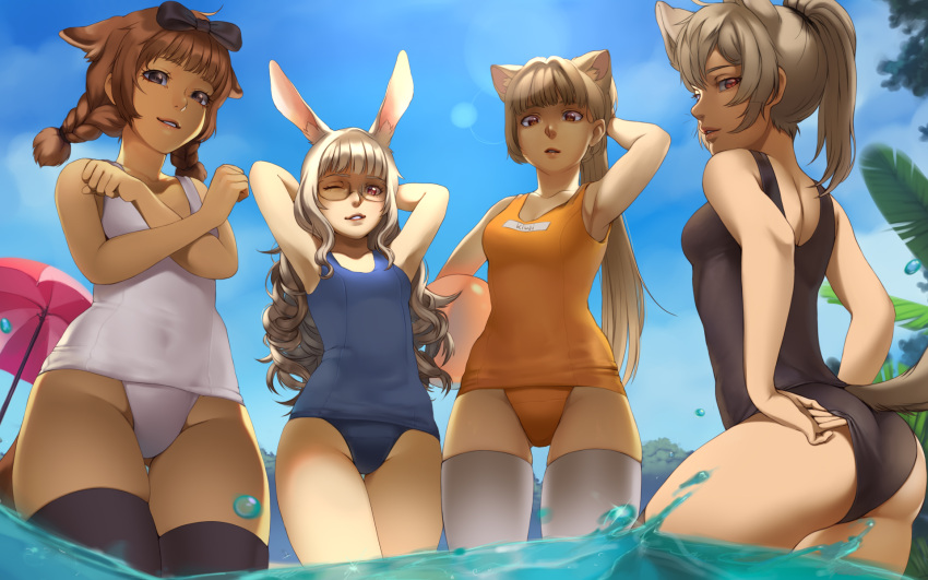 4girls adjusting_clothes adjusting_swimsuit animal_ears armpits arms_behind_head arms_up ass ball beach_umbrella beachball black_legwear blue_swimsuit bow braid brown_eyes brown_hair cat_ears covering covering_breasts curly_hair dog_ears dog_tail elin_(tera) glasses groin hair_bow highres long_hair looking_back mavoly multiple_girls one-piece_swimsuit one_eye_closed orange_swimsuit outdoors ponytail rabbit_ears red_eyes ribbon school_swimsuit smile swimsuit tail tera_online thigh-highs twin_braids twintails umbrella wading water white_legwear white_school_swimsuit white_swimsuit