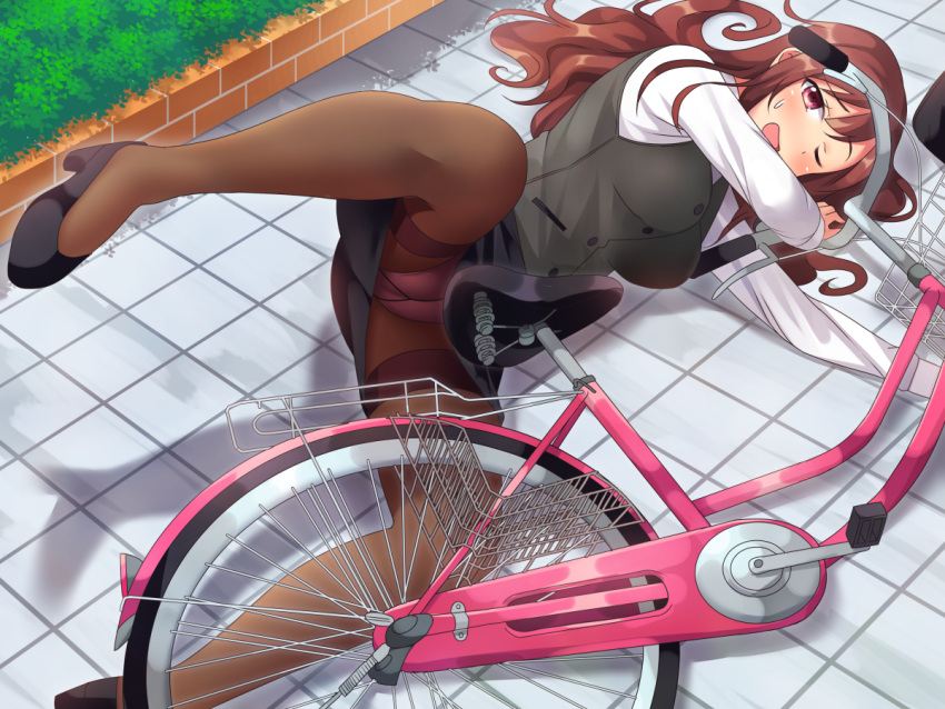 1girl ;o bicycle brown_hair ground_vehicle long_hair neri_kouji office_lady one_eye_closed original outdoors panties panties_under_pantyhose pantyhose pantyshot pencil_skirt shadow skirt solo sweatdrop thighband_pantyhose underwear