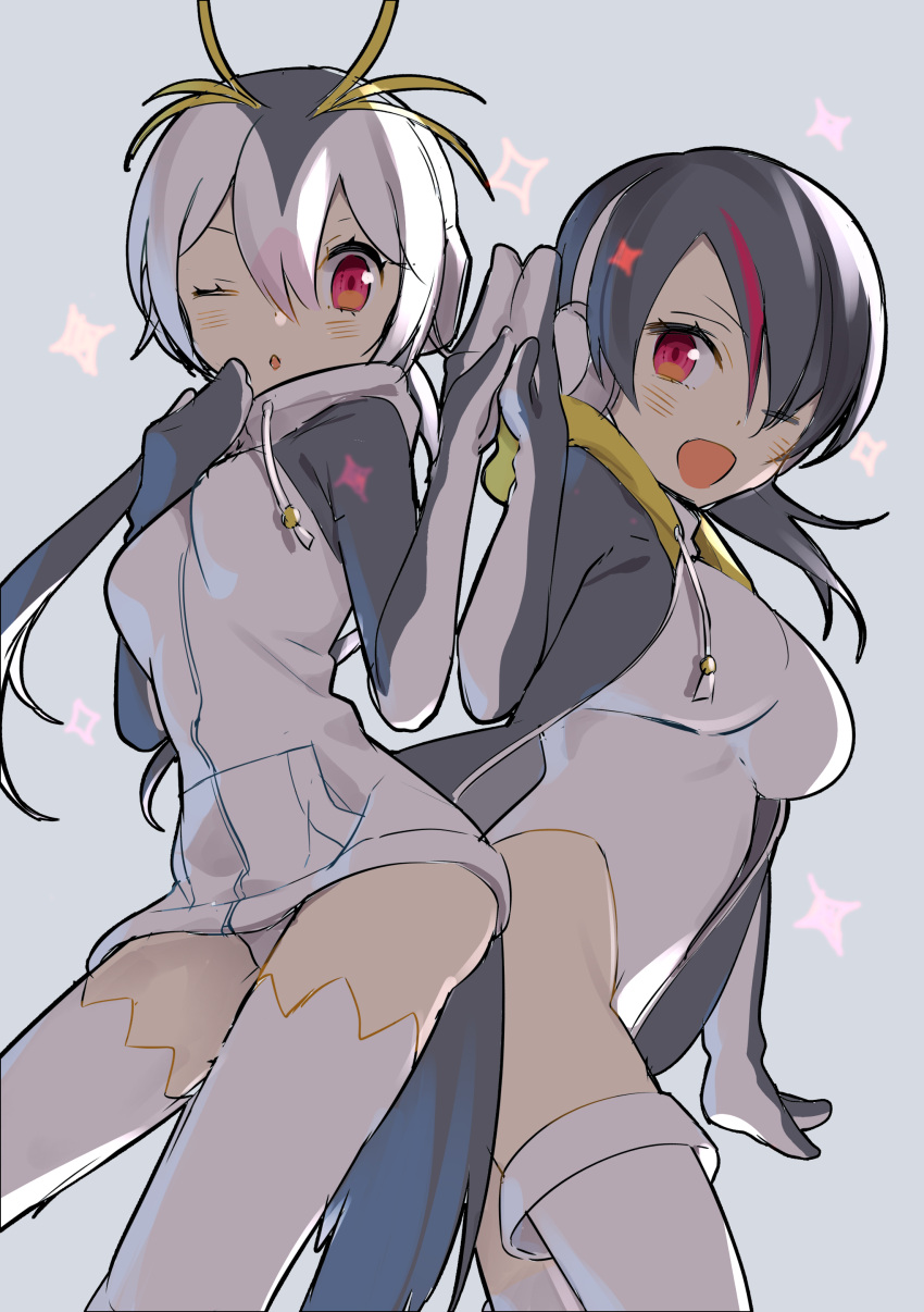 2girls ;d absurdres black_hair breasts drawstring emperor_penguin_(kemono_friends) hair_between_eyes hair_over_one_eye hand_holding hand_to_own_mouth headphones highres hood hood_down hooded_jacket hoodie jacket kemono_friends leotard looking_at_viewer medium_breasts multicolored_hair multiple_girls omucchan_(omutyuan) one_eye_closed open_clothes open_hoodie open_mouth pink_hair red_eyes royal_penguin_(kemono_friends) simple_background smile sparkle thigh-highs white_hair white_legwear white_leotard