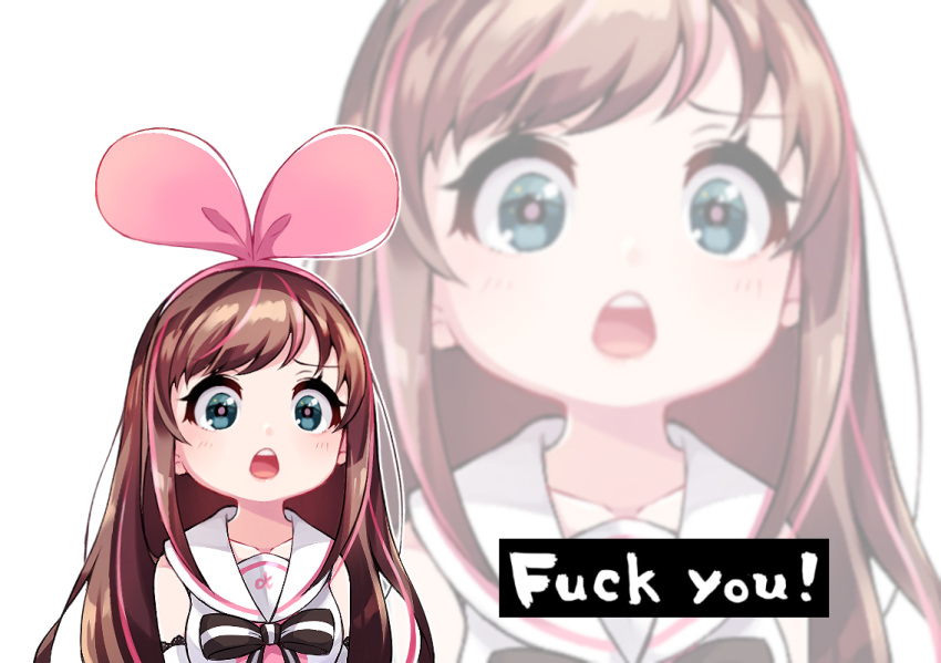 1girl a.i._channel bangs bare_shoulders blue_eyes blush bow bowtie brown_hair commentary detached_sleeves english hair_bow hairband kizuna_ai long_hair looking_at_viewer open_mouth pikomarie pink_bow pink_pupils profanity school_uniform serafuku solo text upper_teeth white_sailor_collar zoom_layer