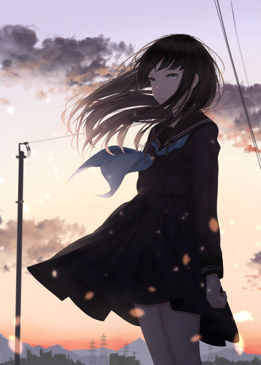 1girl absurdres arm_at_side black_hair black_serafuku blue_eyes cityscape clouds cowboy_shot expressionless eyelashes gradient_sky hair_blowing highres long_hair long_sleeves looking_at_viewer mountain neckerchief original outdoors parted_lips petals power_lines saitou_(lynx-shrike) school_uniform serafuku side_glance solo standing telephone_pole twilight wind wind_lift