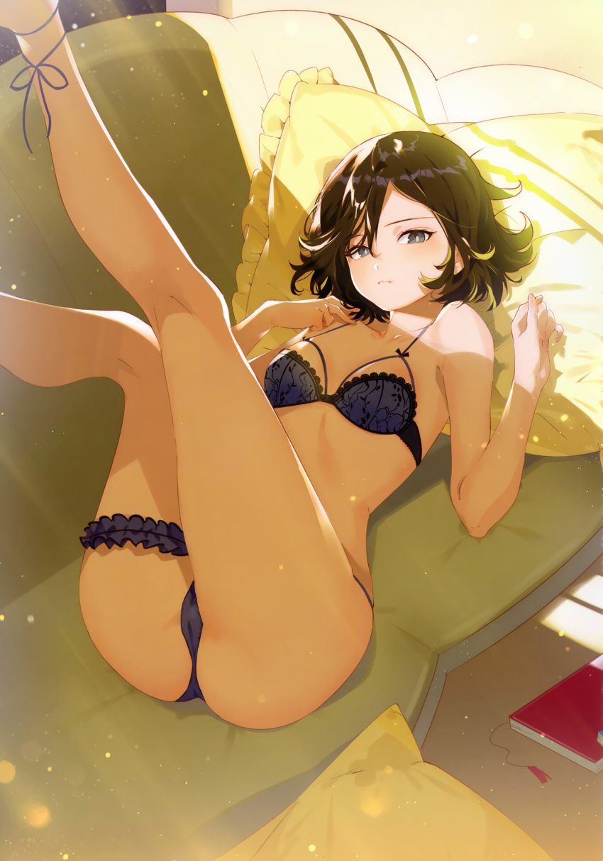 1girl absurdres ankle_ribbon aruterra ass bangs black_eyes black_hair blue_bra blue_panties bra breasts closed_mouth day garters highres indoors lace lace-trimmed_bra legs_up lingerie looking_at_viewer lying messy_hair on_back original panties pillow ribbon sample scan short_hair small_breasts solo sunlight underwear underwear_only