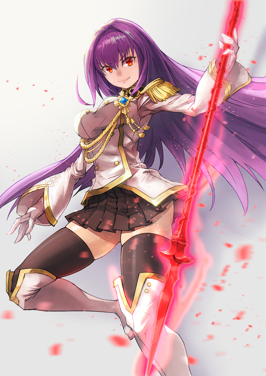 1girl absurdres blonde_hair breasts fate/extella_link fate/grand_order fate_(series) gae_bolg highres holding holding_weapon large_breasts long_hair looking_at_viewer polearm purple_hair red_eyes scathach_(fate/grand_order) solo spear srsojiro thigh-highs weapon