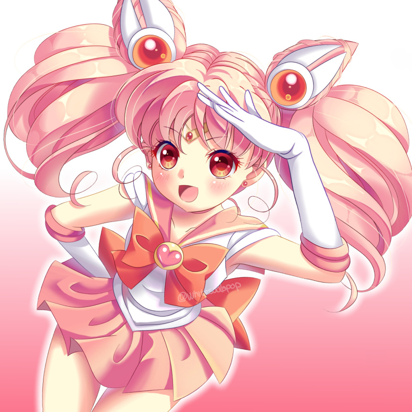 1girl :d bishoujo_senshi_sailor_moon blush bow brooch chibi_usa circlet cowboy_shot double_bun elbow_gloves gloves gradient gradient_background hair_ornament hairpin hand_on_hip highres jewelry looking_at_viewer magical_girl open_mouth pink pink_background pink_hair pink_sailor_collar pink_skirt pleated_skirt red_bow red_eyes sailor_chibi_moon short_hair simple_background skirt smile solo thigh_gap twintails white_background white_gloves yupo_(yupo4069)