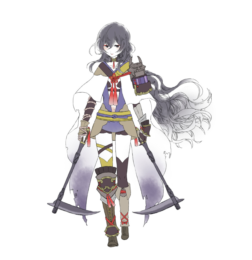 1girl asymmetrical_footwear asymmetrical_legwear black_gloves black_hair blush boots brown_gloves caravan_stories choker dual_wielding fingerless_gloves flat_color full_body gloves highres holding holding_weapon looking_at_viewer navel solo standing tassel toono_(kanagawa) weapon