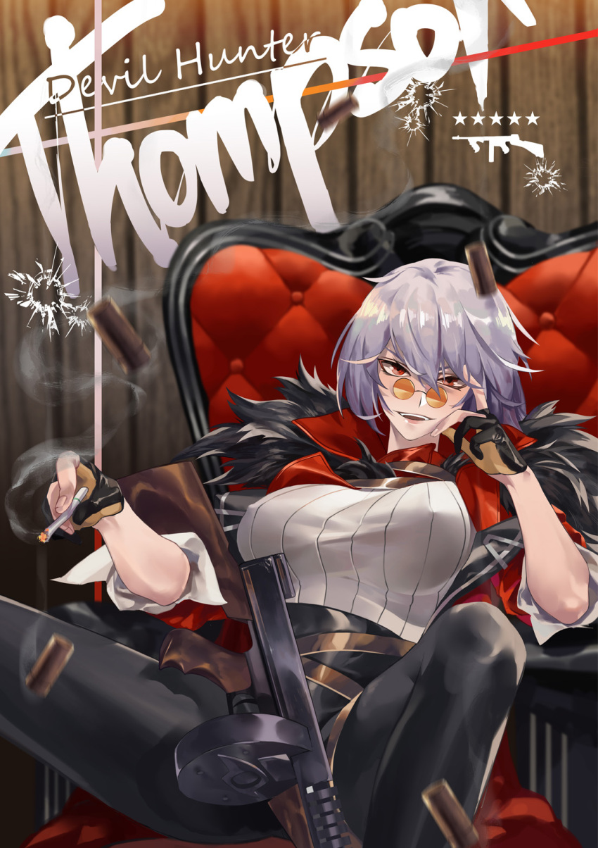 1girl alternate_costume belt black-framed_eyewear black_footwear black_gloves black_pants breasts bullet bullet_hole chair character_name cigarette fingers_to_cheek fur_trim girls_frontline gloves gun half-closed_eyes half_gloves high_heels highres holding holding_cigarette jacket jiji_(pixiv10646874) large_breasts legs_apart long_sleeves looking_at_viewer open_clothes open_jacket open_mouth pants partly_fingerless_gloves purple_hair reclining red_eyes red_jacket shell_casing short_hair sitting smile smoke smoke_trail solo standing star submachine_gun sunglasses teeth thompson_submachine_gun_(girls_frontline) tsurime upper_body weapon