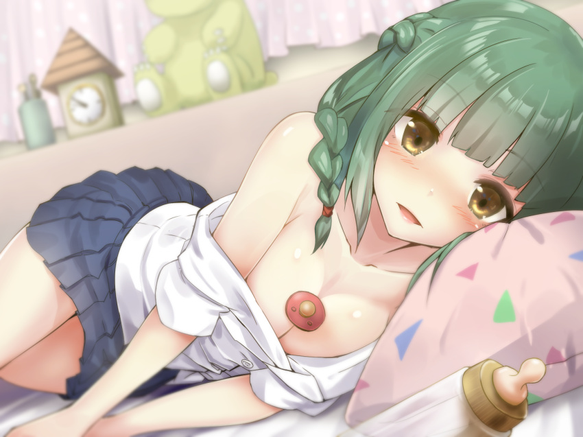 1girl baby_bottle bare_shoulders between_breasts blue_skirt blush bottle braid breasts cleavage clock crown_braid curtains green_hair heavens_thunder_(byakuya-part2) indoors looking_at_viewer lying medium_breasts miniskirt off_shoulder on_side open_mouth original pacifier pleated_skirt shirt skirt smile solo stuffed_toy white_shirt yellow_eyes