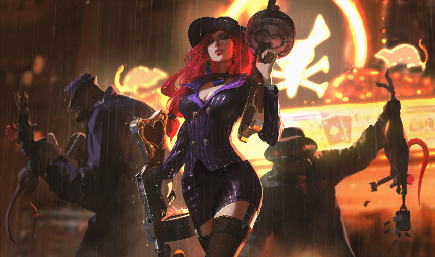 1girl 2boys breasts cleavage earrings freckles gun half-closed_eyes hat heart highres jewelry league_of_legends lips looking_at_viewer mafia_miss_fortune makeup multiple_boys pencil_skirt pinstripe_pattern rain rat redhead sarah_fortune skirt snatti striped thigh-highs weapon wet