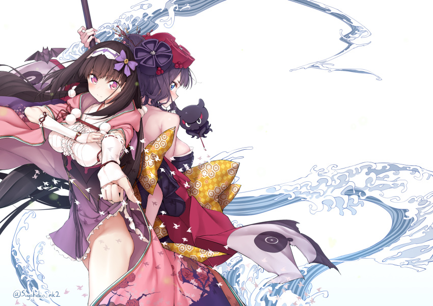 1girl 2girls back-to-back bare_shoulders beauty_love black_hair blue_eyes breasts calligraphy_brush fate/grand_order fate_(series) flower hair_flower hair_ornament highres hood japanese_clothes katsushika_hokusai_(fate/grand_order) kimono large_breasts long_hair looking_at_viewer low_twintails medium_breasts multiple_girls octopus osakabe-hime_(fate/grand_order) outstretched_arm paintbrush short_hair twintails twitter_username violet_eyes waves