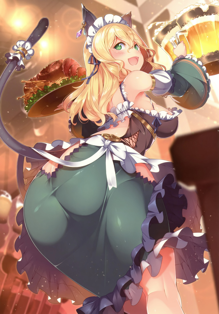 1girl absurdres animal_ears ass beer_mug blonde_hair blurry bokeh breasts butt_crack cat_ears cat_tail depth_of_field detached_sleeves earrings eyebrows_visible_through_hair food frill_trim from_behind green_eyes hair_between_eyes highres jewelry kokka_han long_hair looking_back medium_breasts original scan skirt solo tail tail_cutout