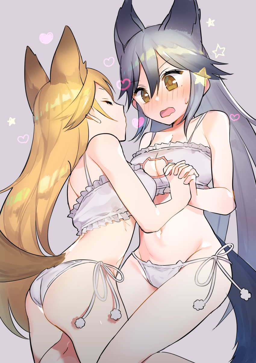 2girls absurdres animal_ears ass bare_arms bare_legs bare_shoulders blonde_hair blush bra breasts brown_eyes cat_cutout cat_lingerie cleavage cleavage_cutout closed_eyes ezo_red_fox_(kemono_friends) fox_ears fox_tail gradient_hair grey_background grey_hair hand_holding highres interlocked_fingers kemono_friends medium_breasts meme_attire multicolored_hair multiple_girls omucchan_(omutyuan) open_mouth panties side-tie_panties silver_fox_(kemono_friends) simple_background sweatdrop tail underwear underwear_only white_bra white_panties yuri
