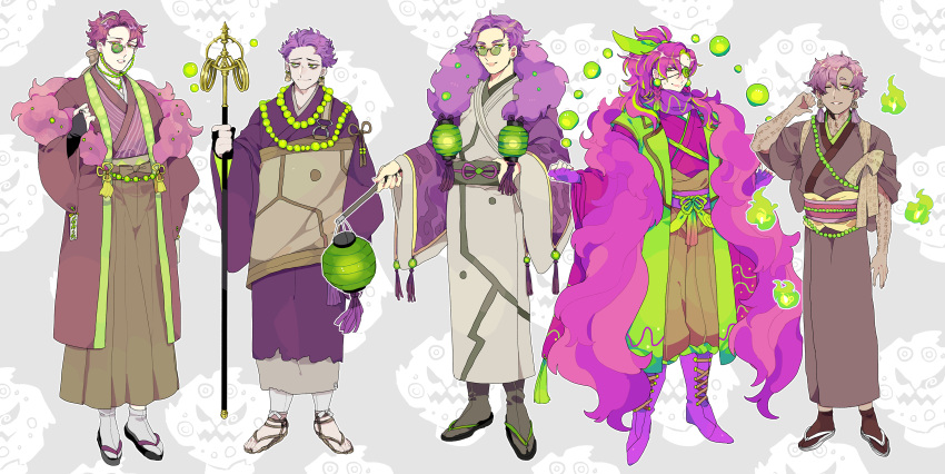 5boys absurdres bead_necklace beads brown_legwear clenched_hand dark_skin earrings eyepatch fur_trim glasses green_eyes grey_legwear highres holding holding_staff japanese_clothes jewelry lantern monocle multiple_boys necklace paper_lantern parted_lips personification pokemon pokemon_(creature) purple_footwear purple_hair sandals shioya_(soooooolt) smile spiritomb staff standing tattoo white_legwear wide_sleeves