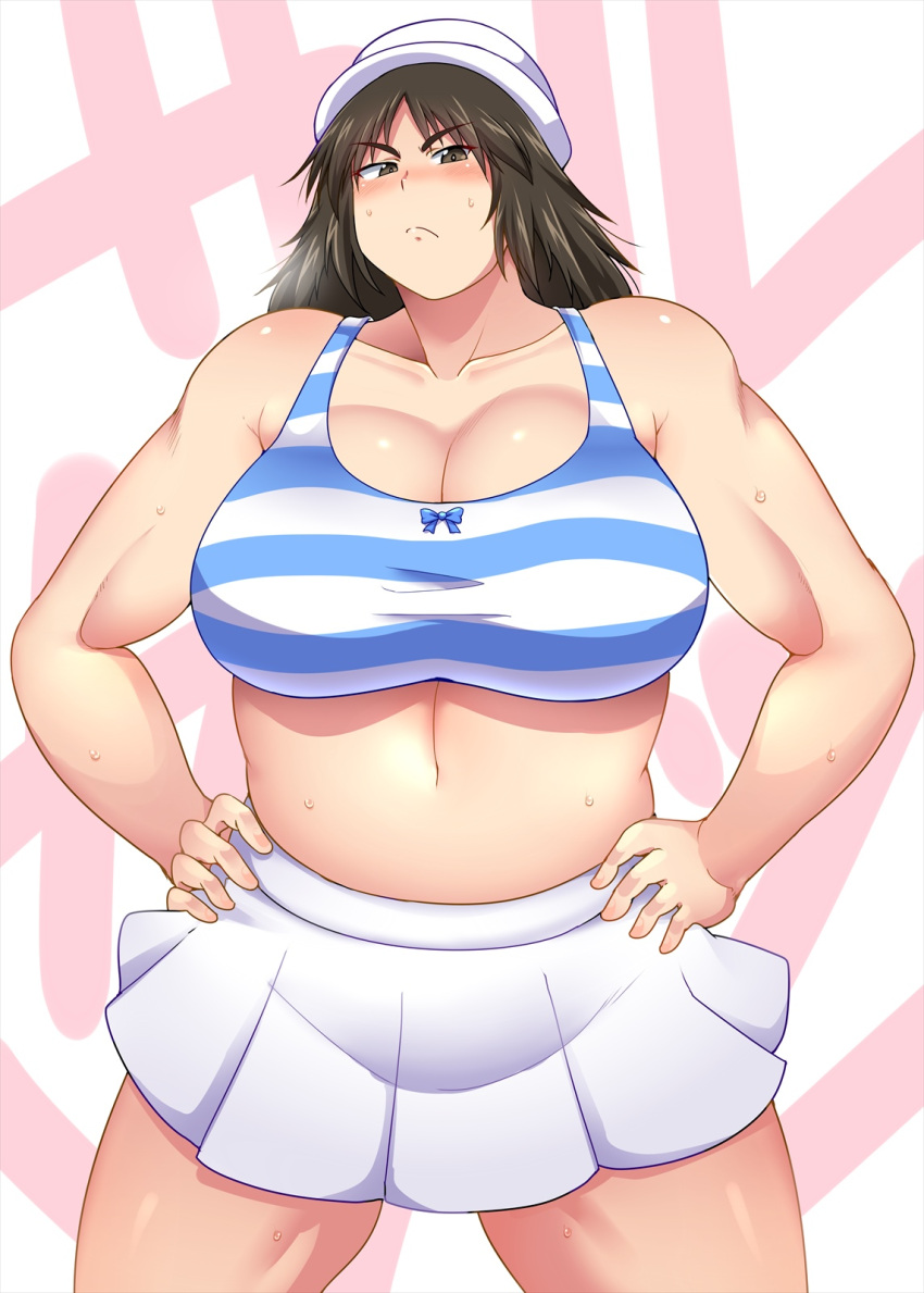 1girl blush breasts brown_eyes brown_hair cleavage curvy embarrassed girls_und_panzer hat highres huge_breasts long_hair looking_at_viewer murakami_(girls_und_panzer) muscle muscular_female plump sailor_hat shimejix shiny shiny_skin solo sweat