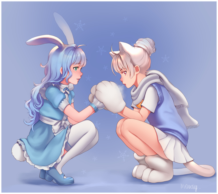 2girls animal_ears apron blue_dress blue_hair blue_sweater breath bunny_tail cat_ears cat_tail cold dress elin_(tera) gloves green_eyes hair_bun hand_holding highres long_hair maid mary_janes mavoly multiple_girls paw_gloves paw_shoes paws rabbit_ears red_eyes scarf shirt shoes short_hair silver_hair skirt squatting sweater sweater_vest tail tera_online thigh-highs white_gloves white_legwear white_scarf white_shirt white_skirt