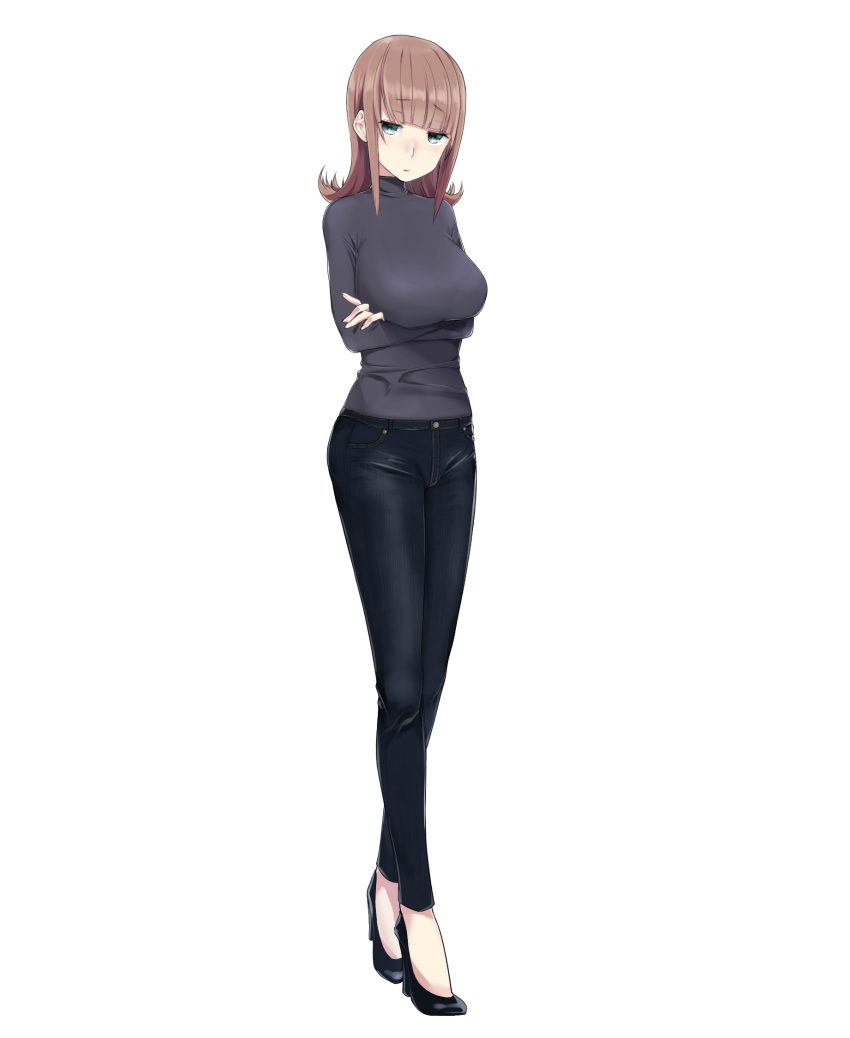 1girl bad_proportions black_footwear black_jeans black_pants black_shirt blue_eyes breast_lift breasts brown_hair crossed_arms denim full_body high_heels highres jeans large_breasts looking_at_viewer medium_hair mishima_ryo original pants shirt shoes