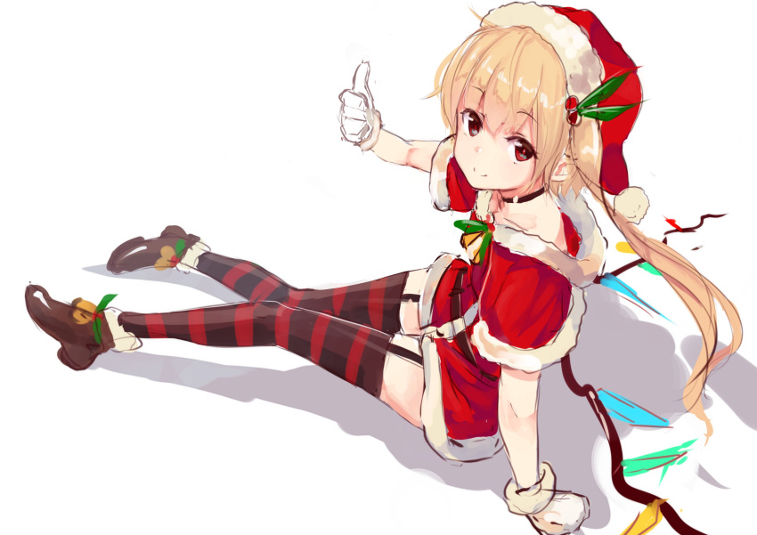 1girl absurdres alternate_costume blonde_hair brown_footwear capelet choker dress flandre_scarlet full_body gloves hat highres homo_1121 knees_together_feet_apart looking_at_viewer red_eyes red_hat santa_costume santa_hat shoes short_dress simple_background sitting sketch smile solo striped striped_legwear thigh-highs thumbs_up touhou white_background white_gloves wings