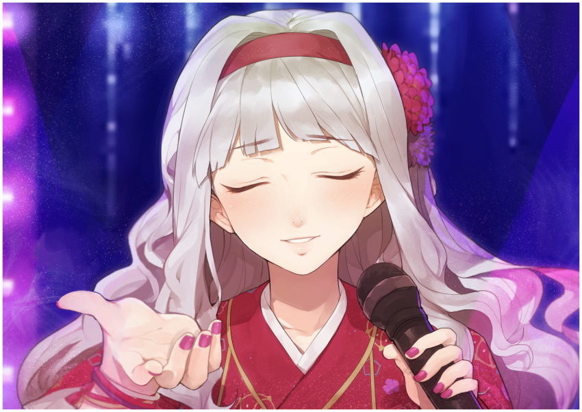 1girl armband blush closed_eyes commentary_request eyebrows_visible_through_hair flower hair_flower hair_ornament hairband highres hitoto holding holding_microphone idolmaster idolmaster_(classic) japanese_clothes kimono light_blush long_hair microphone nail_polish parted_lips shijou_takane silver_hair smile solo stage_lights upper_body yukata