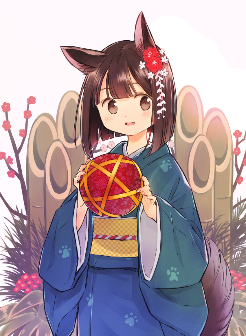 1girl animal_ears ball bangs blush brown_hair commentary dog_ears fingernails flower hair_between_eyes hair_ornament hands_up highres holding holding_ball japanese_clothes kadomatsu kimono looking_at_viewer miya9 multicolored multicolored_clothes multicolored_kimono open_eyes open_mouth original paw_print_pattern plant short_hair solo standing
