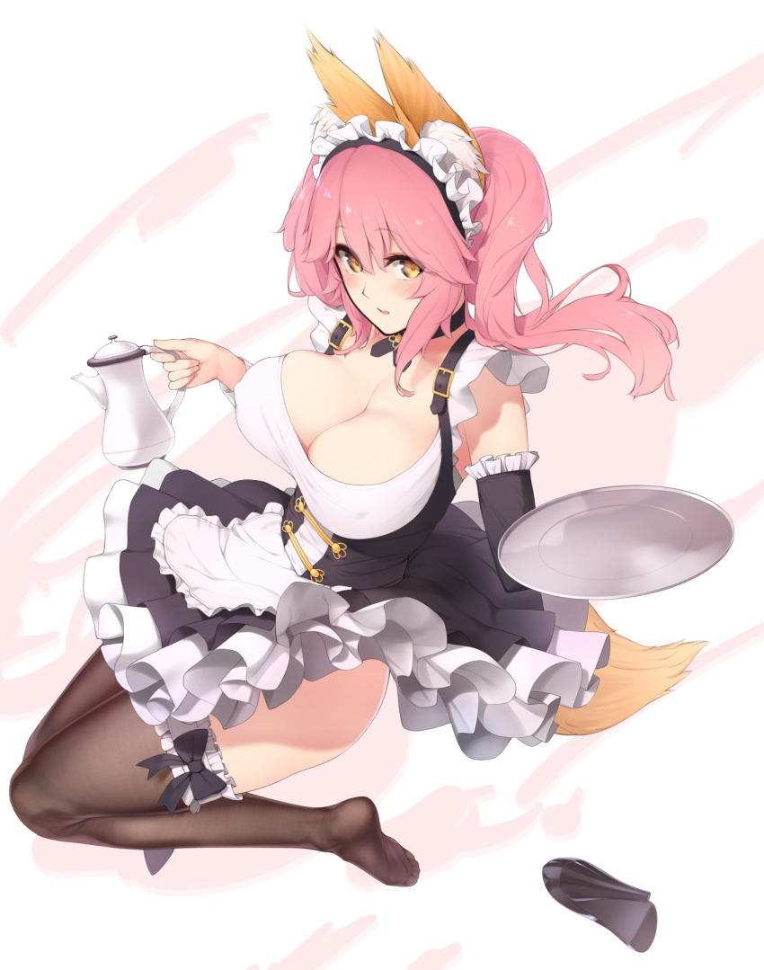 1girl animal_ears apron blush breasts brown_legwear cleavage enosan fate/extra fate_(series) fox_ears fox_tail frills highres large_breasts long_hair looking_at_viewer maid_headdress open_mouth pink_hair ponytail sidelocks simple_background solo tail tamamo_(fate)_(all) tamamo_no_mae_(fate) teapot thigh-highs tray waist_apron waitress white_background yellow_eyes