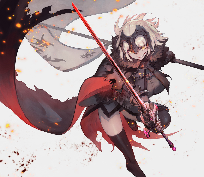 1girl armor armored_dress bag bangs black_cape black_dress black_legwear blonde_hair breasts cape chains commentary_request dress eyebrows_visible_through_hair fate/grand_order fate_(series) flag fur_trim gauntlets gloves grey_background grin headpiece highres holding holding_flag holding_sword holding_weapon jeanne_alter jeanne_d'arc_(alter)_(fate) jeanne_d'arc_(fate)_(all) lack large_breasts outstretched_arms parted_lips ruler_(fate/apocrypha) short_hair simple_background smile solo standing standing_on_one_leg sword thigh-highs torn_cape weapon