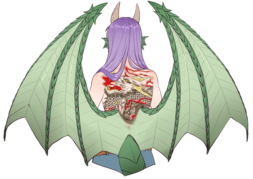 1girl absurdres animal_ears back_tattoo belt blue_pants cropped_legs denim dragon dragon_(monster_girl_encyclopedia) dragon_girl dragon_horns dragon_tail dragon_wings eastern_dragon facing_away from_behind head_fins highres horns jeans long_hair manosdetrapo monster_girl monster_girl_encyclopedia pants purple_hair scales solo spread_wings tail tattoo tomboy topless transparent_background upper_body wings