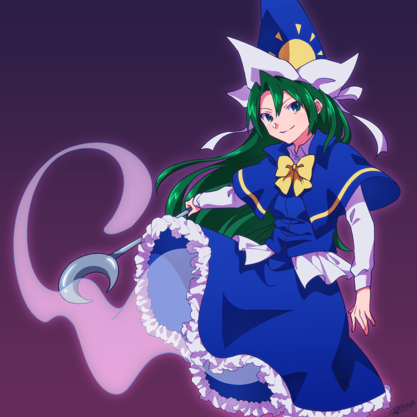 1girl 2018 arm_at_side blue_capelet blue_hat blue_shirt blue_skirt bow bowtie breasts buttons capelet chahora_(siki_dos) closed_mouth collared_shirt crescent_moon dated eyebrows facing_away frilled_skirt frills ghost_tail gradient gradient_background green_eyes green_hair hat hat_ribbon highres holding holding_staff long_hair looking_away medium_breasts mima moon multicolored multicolored_background purple_background ribbon see-through shirt single_hair_intake skirt smile solo staff sun sun_print touhou touhou_(pc-98) tsurime two-tone_background undershirt white_ribbon white_shirt wizard_hat yellow_bow yellow_neckwear