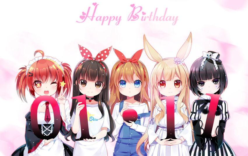 6+girls :o ;d ahoge animal_ears bangs black_choker black_dress black_eyes black_hair black_hat blue_eyes blunt_bangs blush bow brown_eyes brown_hair character_request choker closed_mouth clothes_writing dated detached_collar dress eyebrows_visible_through_hair facial_mark flower frilled_sleeves frills hair_between_eyes hair_flower hair_ornament hair_ribbon hairband hairclip happy_birthday hat hat_bow head_tilt heart heart-shaped_pupils highres holding juliet_sleeves light_brown_hair long_sleeves looking_at_viewer maid_headdress mini_hat mini_top_hat multiple_girls mvv necktie off-shoulder_dress off_shoulder one_eye_closed open_mouth original overalls parted_lips polka_dot_ribbon puffy_sleeves purple_neckwear rabbit_ears red_eyes red_hairband red_ribbon redhead ribbon shirt short_sleeves skull smile star strap_slip striped symbol-shaped_pupils top_hat twintails v vertical-striped_dress vertical_stripes vivian_(mvv) white_bow white_collar white_dress white_shirt wide_sleeves